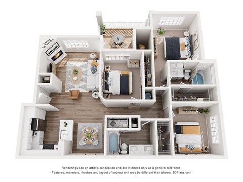 Floor plan for 3 beds, 2 baths, 1372 sqft